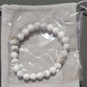 White Beaded Bracelet with Silver Heart/Paw Accents